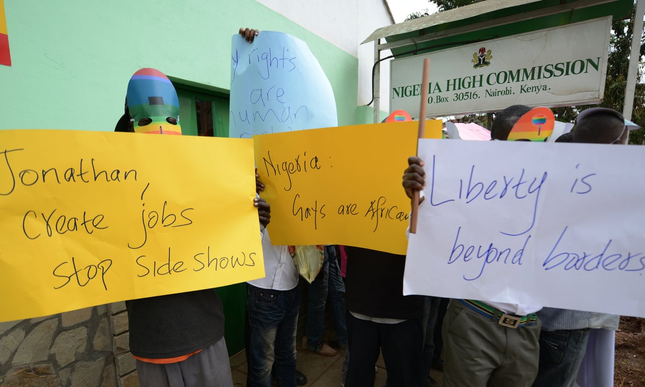 Kenyan gay and lesbian organisations demonstrate outside the Nigerian high commission in Nairobi in 2014 after the Nigerian president Goodluck Jonathan signed the Same Sex Marriage (Prohibition) Act into law