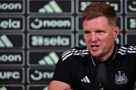 Eddie Howe speaks to the media before Newcastle’s opening game.