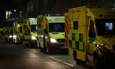 Ambulances queuing up outside the Royal London Hospital. The NHS is finding it hard to discharge patients into the community.