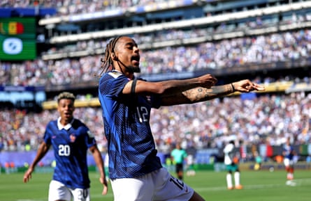 Bradley Barcola of France celebrates scoring his team’s second goal during the World Cup Group I match against Senegal