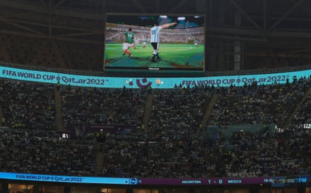 An animated version of Lionel Messi's goal against Mexico is played back on the big screens at Lusail Iconic Stadium.