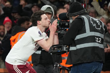 Declan Rice kisses a camera after scoring Arsenal’s third at Bournemouth on 3 January 2026.