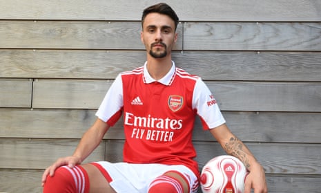 Fábio Vieira poses in an Arsenal kit at the club’s London Colney base having completed his move from Porto