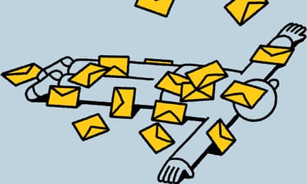 Illustration of person lying down covered in envelopes