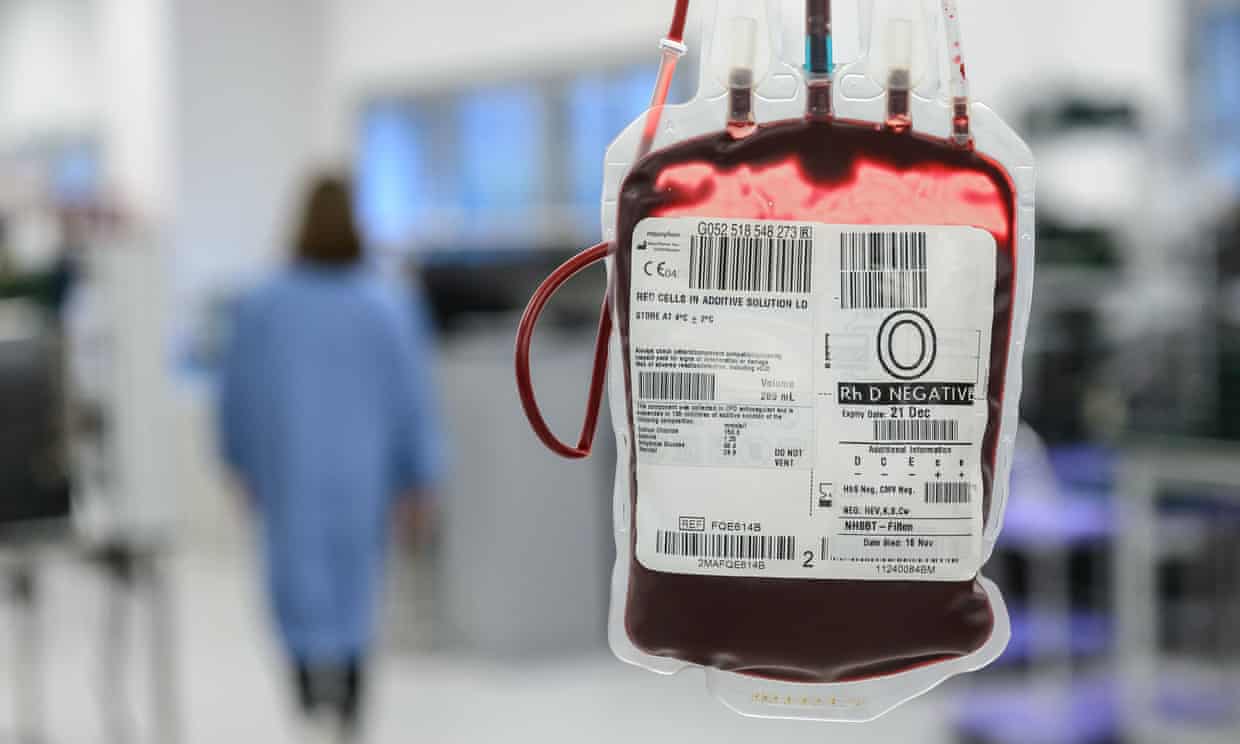 An NHS blood bag. Photograph: NHS Blood and Transplant/PA