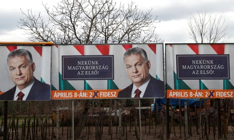 Election billboards featuring the face of Viktor Orbán in Baja, Hungary