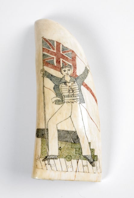 A scrimshaw of a jolly sailor waving the Royal Navy’s flag, from the ship the Cornelia, early 1800s.