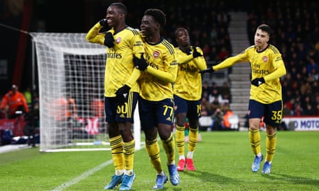 Eddie Nketiah celebrates after scoring Arsenal’s second goal.