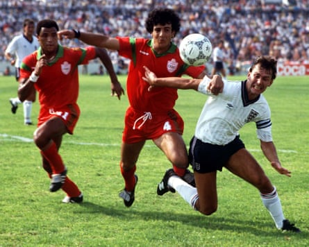 Morocco’s Mostafa El Biyaz challenges England’s Bryan Robson during their 0-0 draw