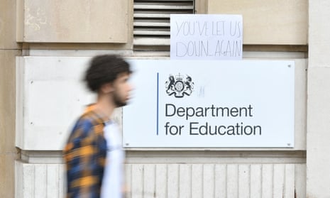 A sign left outside the Department for Education building in London, as a protest over the exam results furore.