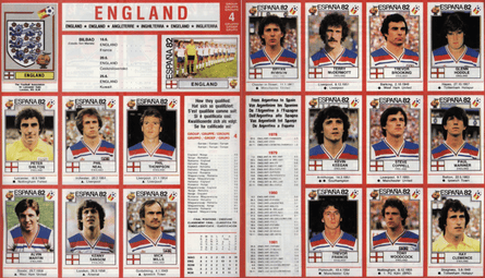 The 1982 England World Cup squad as they appeared in the Panini sticker book