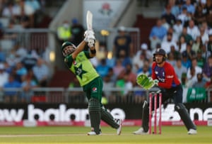 Pakistan’s Mohammad Rizwan hits a six.