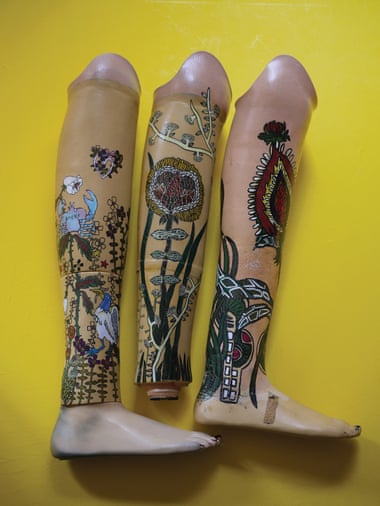 Some of Katayama’s decorated prosthetic legs.
