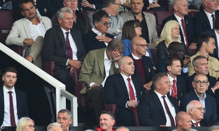 Manchester United co-owner Sir Jim Ratcliffe (centre) reacts in the stands during their defeat by Liverpool at Old Trafford.