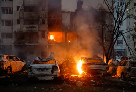 The site of Russian strike on a residential building during a large-scale combined attack on a residential area in Kyiv, Ukraine.