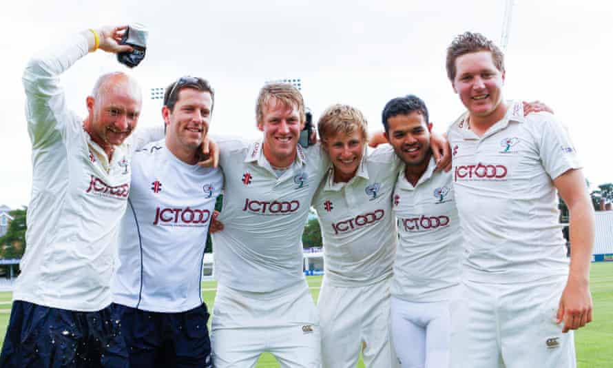 Joe Root with Azeem Rafiq and Gary Ballance, plus Adam Lyth, Scot McAllister and Steven Patterson after Yorkshire were promoted in 2012