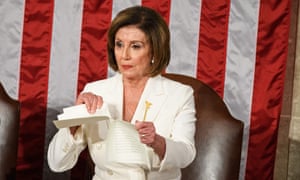 Nancy Pelosi rips a copy of US President Donald Trump’s speech after his State of the Union address.