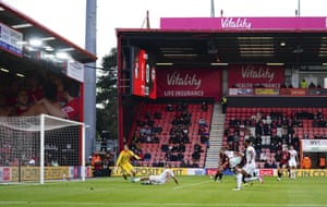 Bryan Mbeumo of Brentford misses from inside the six yard box.