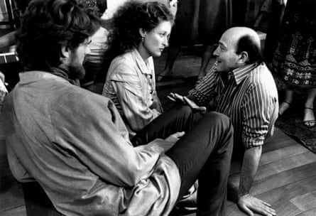 Jeremy Irons (left), Meryl Streep and Karel Reisz on the set of The French Lieutenant’s Woman in 1981.