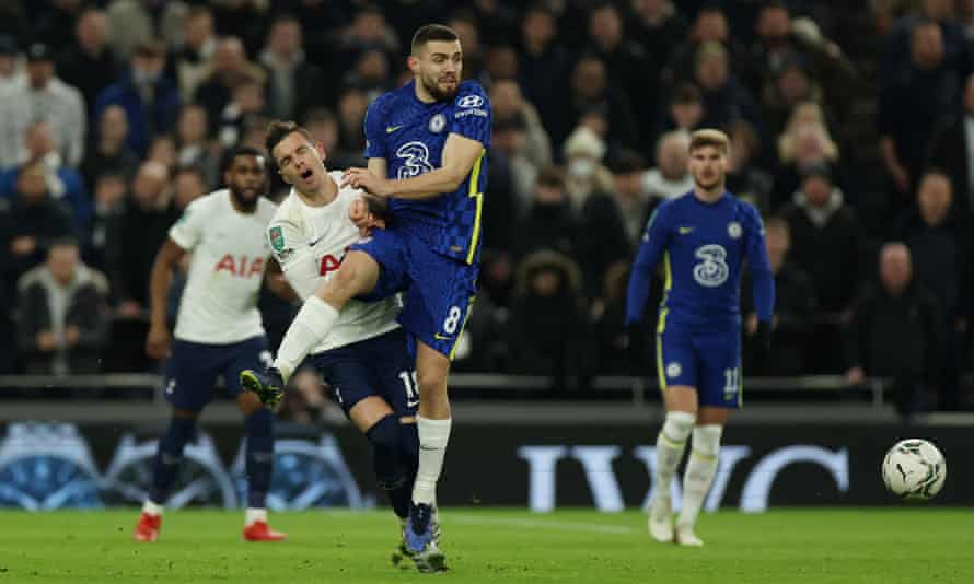 Mateo Kovacic holds off Tottenham Hotspur’s Giovani Lo Celso