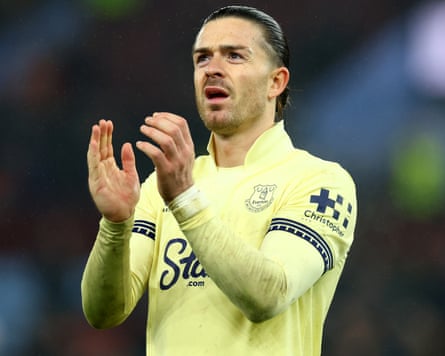 Jack Grealish applauds the supporters at full-time after the Premier League match between Aston Villa and Everton at Villa Park