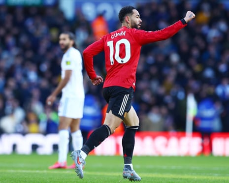 Matheus Cunha punches the air after his equaliser for Manchester United
