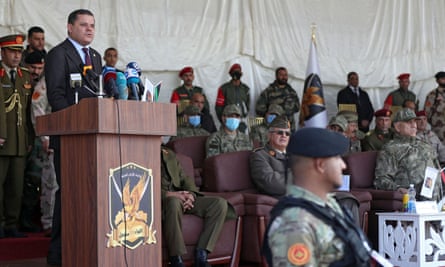 Abdul-Hamid Dbeibah speaks during a military graduation ceremony in Tripoli 