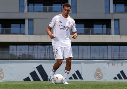 Trent Alexander-Arnold poses with a ball at his feet at Real Madrid’s Valdebebas training ground