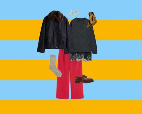 A composite image of a denim jacket with faux fur collar, lightning-shaped stud earrings, ochre printed neck scarf, grey jumper with lace trim, red trousers, brown chunky lace-up shoes and beige marl socks, all on a blue and orange horizontal striped background.