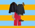 A composite image of a denim jacket with faux fur collar, lightning-shaped stud earrings, ochre printed neck scarf, grey jumper with lace trim, red trousers, brown chunky lace-up shoes and beige marl socks, all on a blue and orange horizontal striped background.