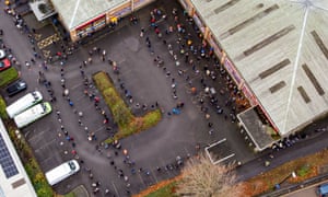 Hundreds of people queuing outside a vaccination centre in Bristol today.