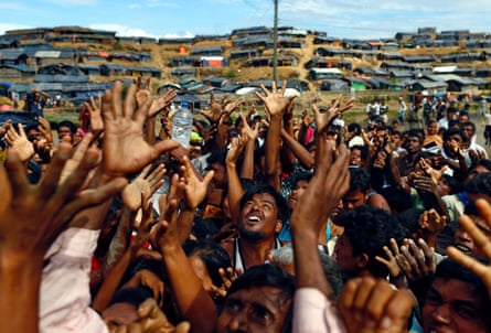Rohingya refugees wait for aid at Balukhali makeshift refugee camp in Cox’s Bazar, Bangladesh