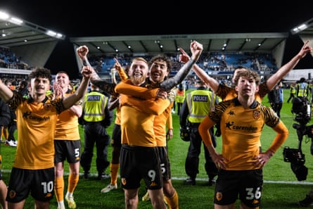 Hull City players celebrate the playoff semi-final win against Millwall.