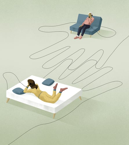 Illustration of a woman lying on a bed on the phone and an old man on a sofa/chair on the phone and wire from their phones forming two hands in between them
