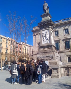 The walking tour’s stop at the Antonio López statue, Barcelona, Spain.