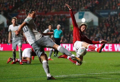 Ibrahimovic shoots under pressure from Brownhill.