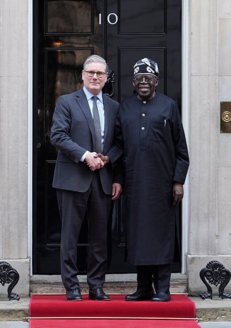 Keir Starmer (left) welcoming the president of Nigeria, Bola Ahmed Tinubu, to Downing Street today as part of his state visit.
