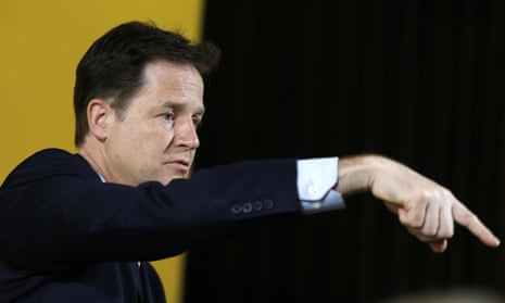 Nick Clegg the leader of Britain’s Liberal Democrat party points at a press conference in London.