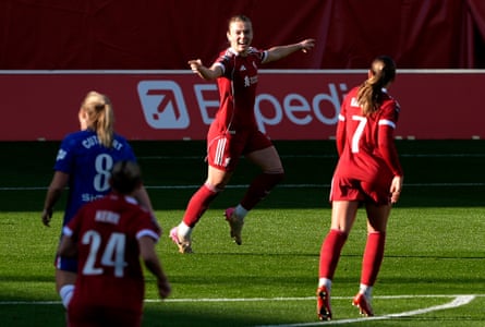 Beata Olsson celebrates after finding the net in Liverpool’s 1-1 WSL draw with Chelsea.