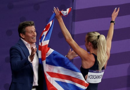Sebastian Coe greets a triumphant Keely Hodgkinson after she won her 800m gold medal at the 2024 Paris Olympics