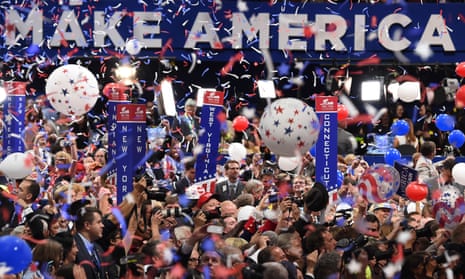 Balloons and confetti descend on the Republican national convention in Cleveland, Ohio, on 21 July 2016. 