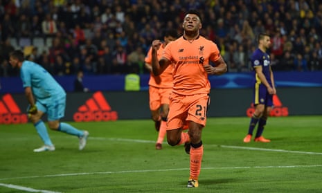 Alex Oxlade-Chamberlain celebrates after scoring the sixth goal during Liverpool’s Champions League defeat of Maribor on Tuesday.