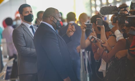 Papua New Guinea prime minister James Marape talks to the media in March 2021 before receiving his Covid vaccination.