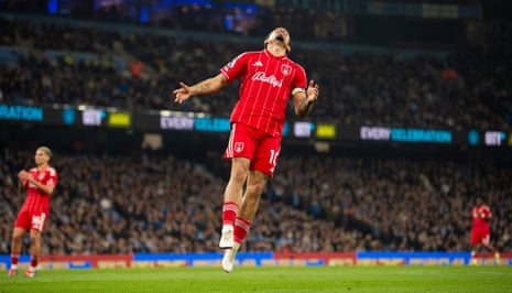 Morgan Gibbs-White of Nottingham Forest reacts after missing a chance against Manchester City.