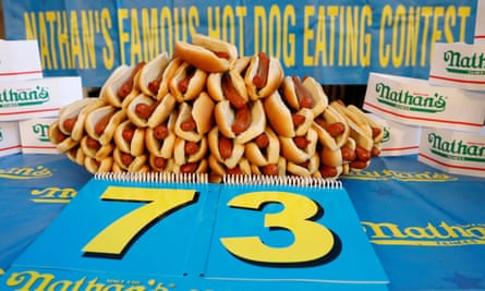 The current record of 73 hot dogs on display for the Nathan’s Famous Fourth of July contest.