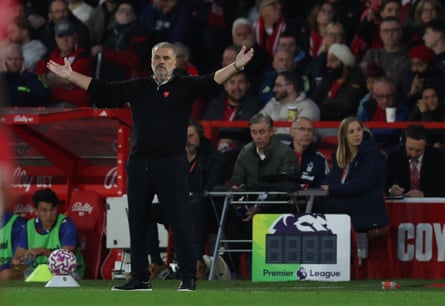 Ange Postecoglou on the touchline with arms outstretched