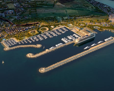 An artist's impression of harbour with small boats and a cruise ship docked at a long breakwater outside it