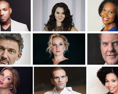Big-name lineup … top row, Lawrence Brownlee, Aleksandra Kursak, Angel Blue; middle row, Jonas Kaufmann, Diana Damrau, Bryn Terfel; bottom row, Anna Netrebko, Michael Fabiano, Golda Schutz