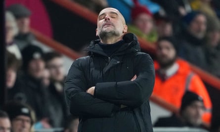 Pep Guardiola looks exasperated on the sidelines during Manchester City's match against Bournemouth.