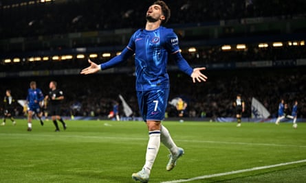 Pedro Neto celebrates scoring Chelsea’s fourth goal against Barrow.